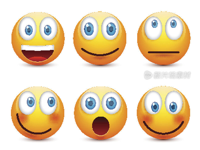 蓝眼睛的笑脸，表情包。黄脸带着情绪。面部表情。3 d现实emoji。伤心,高兴,生气的脸。有趣的卡通人物。情绪。矢量插图